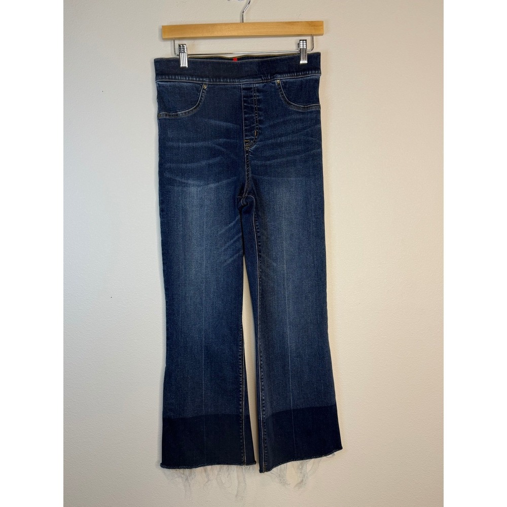 Spanx Women's Cropped Flare Jeans Dark Wash Raw‎ Hem Pull On Denim Size Medium